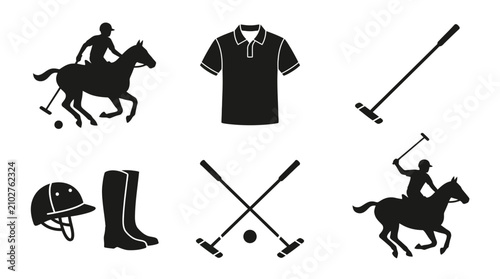 Cuadro en lienzo Polo sport icon set showing players, equipment, and attire for horseback riding