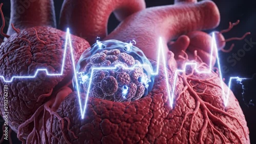 Photorealistic 3D medical visualization of a pacemaker cell emitting rhythmic electrical energy inside the human heart realistic nucleus mitochondria membrane proteins ion channels luminous bioelectri