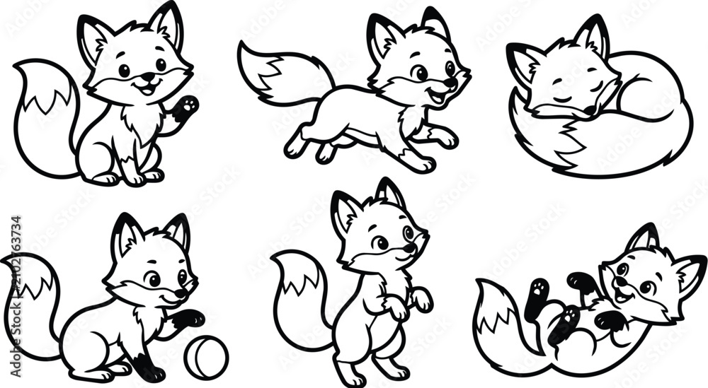 Obraz premium Cute foxes in playful poses and sleeping pose collection