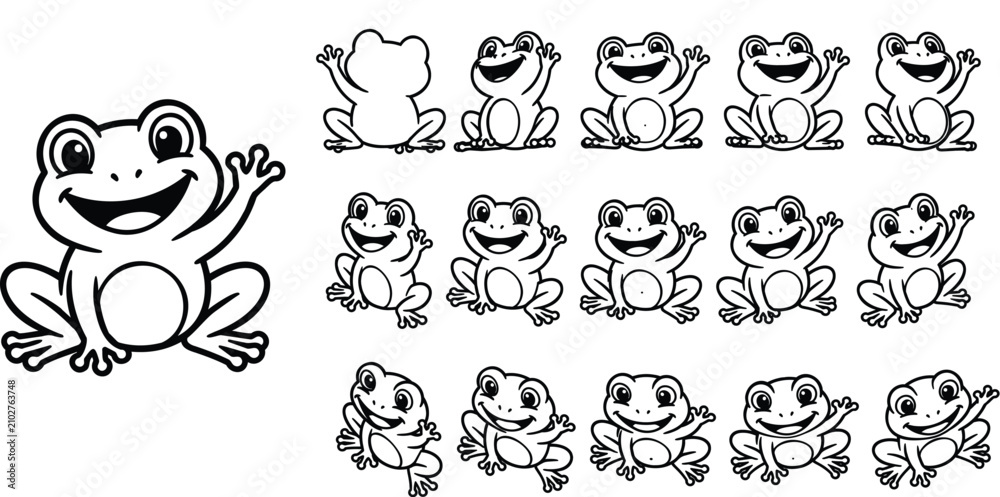 Obraz premium Large frog with row of smaller cartoon frogs in line up