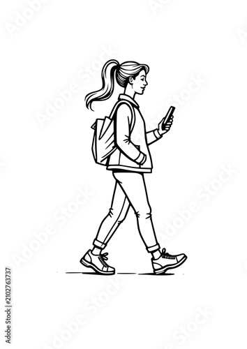 Young woman walking with a backpack, texting on her phone, in a minimalist style