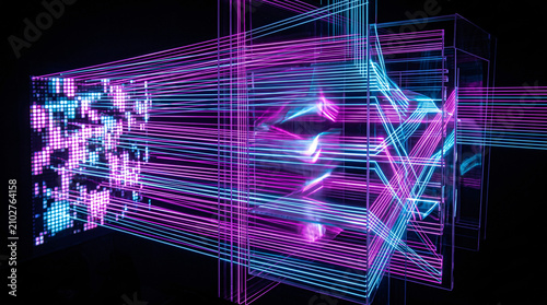 HDR photography of a spatial light modulator transforming optical data in glowing neon abstract style