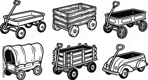 Vector line art set of six toy wagons and carts in black and white
