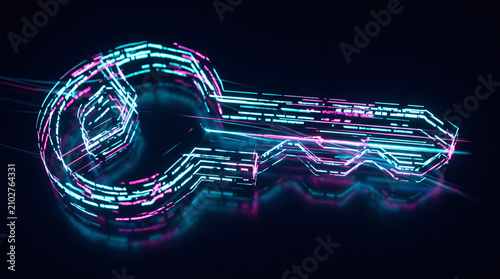 HDR photography of a light-based quantum encryption key in glowing neon abstract style