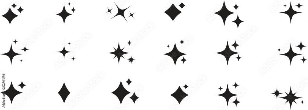Fototapeta premium Sparkle star icons set, black twinkling glitter shapes, 18 decorative shining starburst elements in EPS format, minimalist magic glow symbols