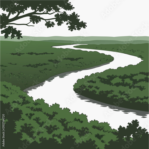 Quadro su tela Peaceful landscape featuring a winding river flowing through a dense green fores