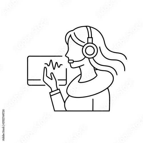 Woman with headset and sound wave on screen