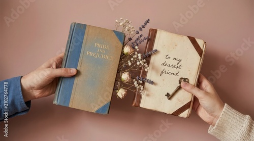 Hands holding vintage books with dried flowers. People sharing literature and knowledge.