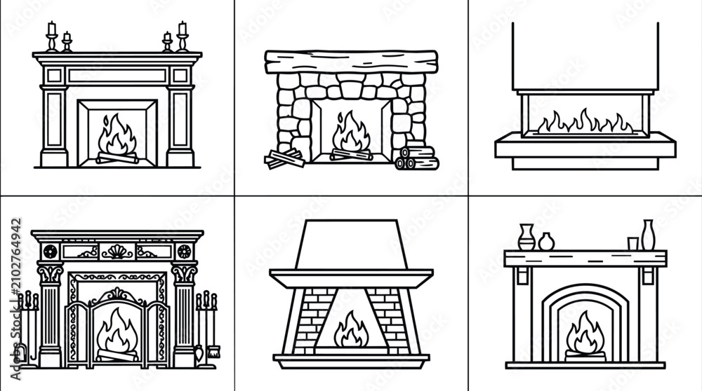 Fototapeta premium Vector line art set of six fireplace designs in black and white