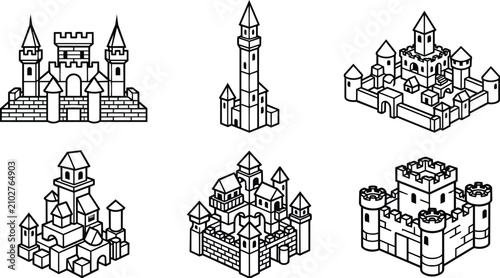 Canvas Print Vector art set of stylized castle towers and fortifications in isometric line ar