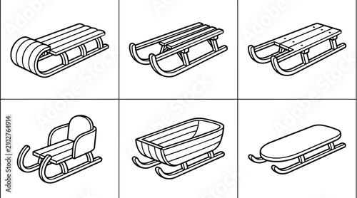 Sled illustrations set: wooden and plastic toboggans in grid layout vector style