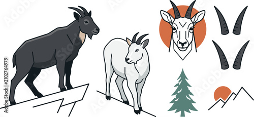 Φωτογραφία Mountain Goat Wildlife Collection with Adult and Juvenile Ibex, Alpine Animal Po