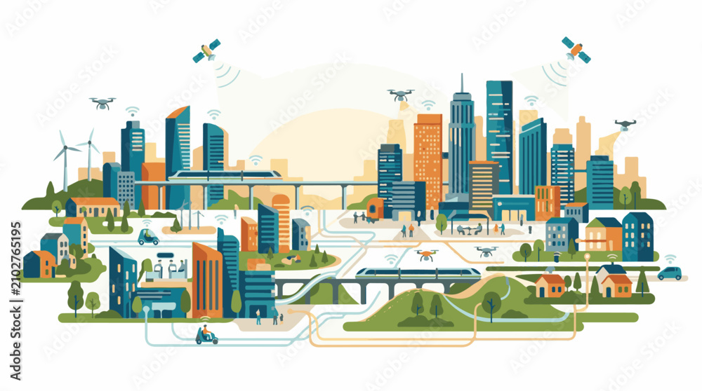 Obraz premium A modern city illustration showing connectivity smart transport and renewable energy