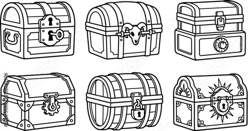 Six treasure chests line art set in black and white with metal bands and locks, vector illustration