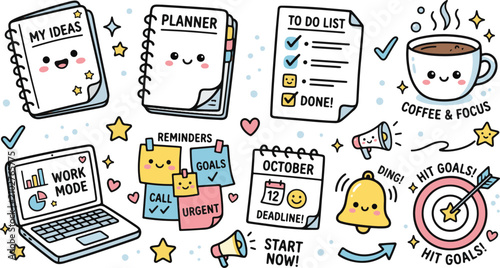 Planner accessories and work gadgets featuring cute kawaii faces encourage productivity and goal setting.