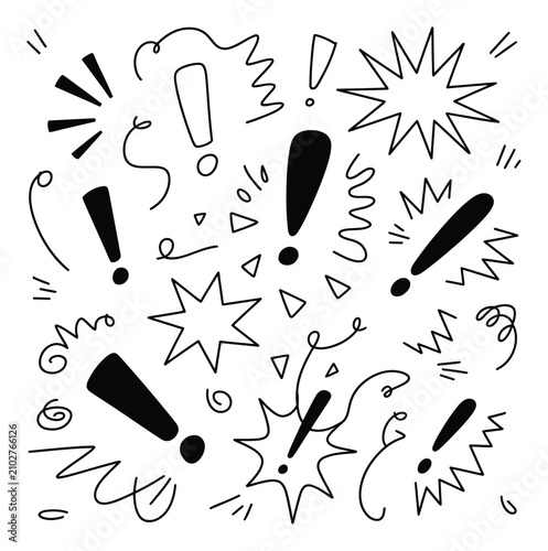 さまざまな感嘆符と装飾要素を描いた手描き落書き風コレクション