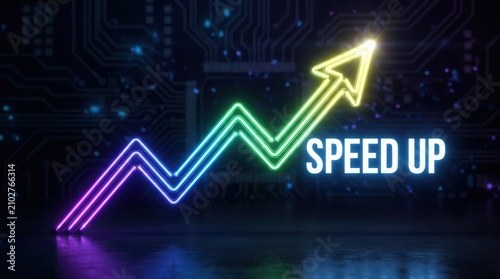 Neon growth graph showing speed up. Financial chart rising with digital technology concept.