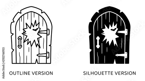 Broken Door Icon: A stylized illustration of a weathered wooden door, featuring a jagged hole in its center and rustic iron hinges.