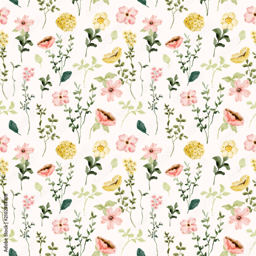 Fototapeta premium yellow pink wildflower watercolor seamless pattern