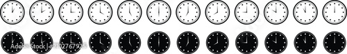 Set of analog horizontal clock icon notifying each hour, solid and outline vector illustration.