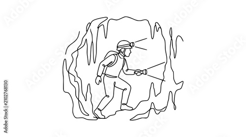 Foto Speleologist Exploring Cave with Headlamp and Flashlight, One Line Art