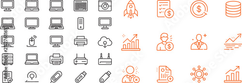 Business and technology vector icon set with computer hardware and financial growth symbols for web and app design