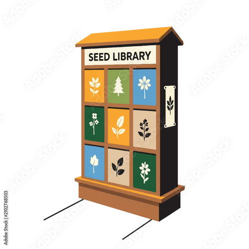 A wooden seed library kiosk on a sidewalk, small drawers with plant icons, sunny spring day, educational and communal mood, 5-color palette of ochre, pine green, beige, sky blue, and black,