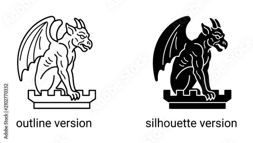 Tableau sur toile Gargoyle Illustration: A stylized depiction of a mythical gargoyle, presented in both outline and silhouette versions, perched atop an architectural element