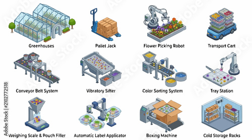 Foto Illustrated Collection of Industrial and Logistics Equipment and Systems