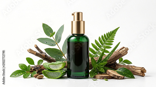 A high-quality green glass serum bottle with aloe vera and plant leaves against a white background.