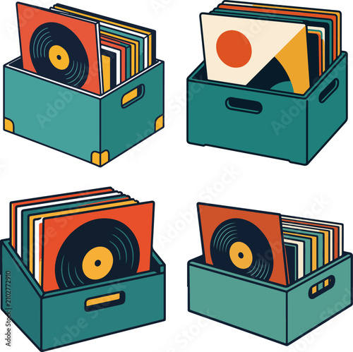 Vinyl Records In Stacked Storage Boxes.