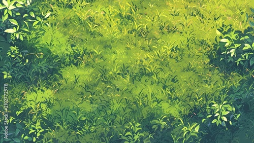 豊かな草木が広がる緑の草原 爽やかな自然イラスト背景素材