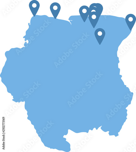 Suriname simplified map with location pins on administrative districts capitals, infographic vector