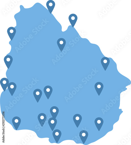 Uruguay simplified map with location pins on departments capitals, infographic vector