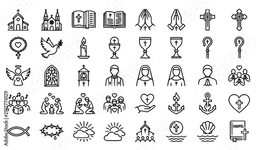 Foto Christian Religion Line Icons Set with Church, Bible, Prayer and Cathedral Thin