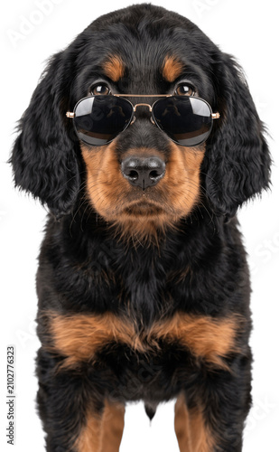 Adorable baby Gordon Setter Dog wearing sunglasses stands looking forward transparent background