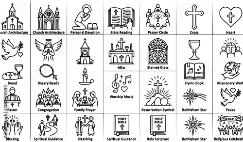 Photography Christian Faith Church and Bible Reading Outline Icons Set with Black and Red Re