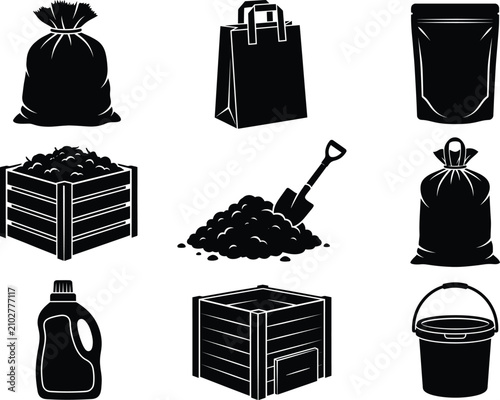 Organic Fertilizer Silhouette Icon Set For Garden Compost Soil Pile And Agricultural Farming