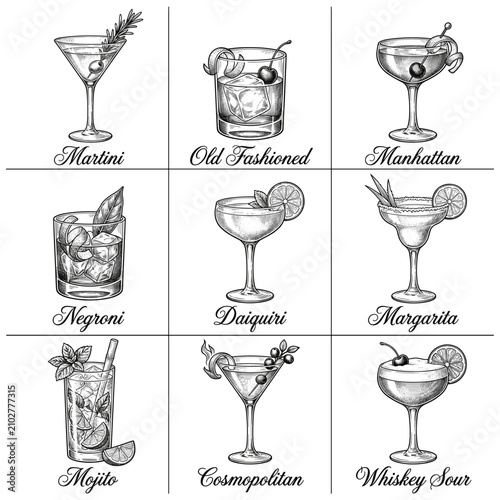 Obraz na płótnie Hand-drawn cocktail illustrations featuring various drinks and recipes