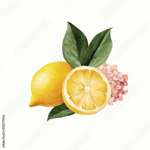 Fresh lemons with vibrant green leaves and delicate blossoms arranged on a light background, showcasing their bright color and natural texture ideal for culinary or decorative use