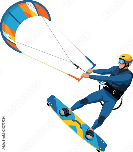 Foto Kitesurfing athlete performing extreme water sport jumps, professional kiteboard