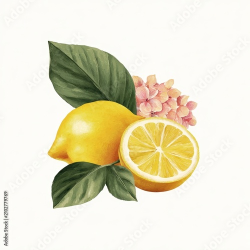 Bright, fresh lemon composition featuring vibrant yellow fruit with green leaves and delicate pink blossoms, ideal for culinary or healthy lifestyle themes