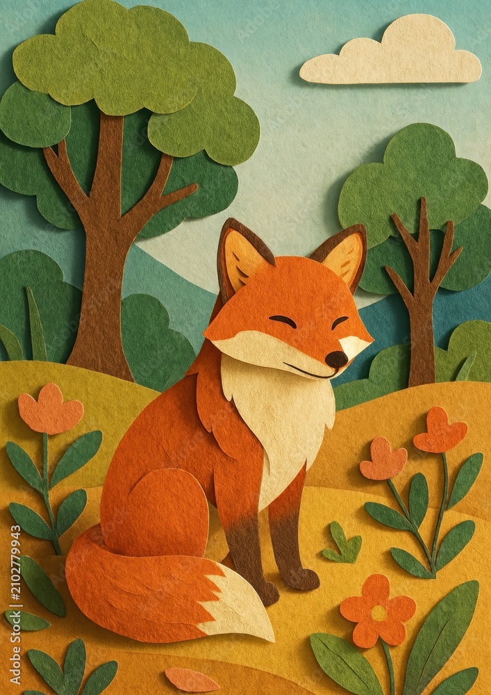 Fototapeta premium Whimsical fox paper art wallpaper