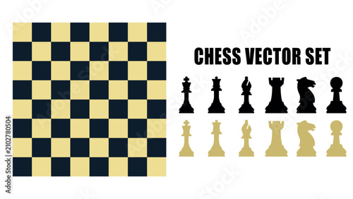 Billede på lærred Chess vector set with board and classic pieces including king queen rook bishop knight pawn isolated graphic elements for strategy game design