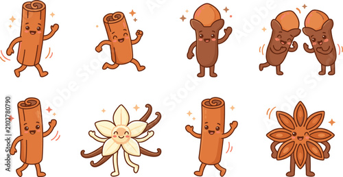 Cute Spice Mascot Characters Vector Set with Kawaii Cinnamon, Vanilla and Star Anise Clipart