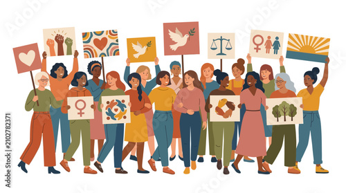 Diverse Women Marching for Equality with Protest Signs