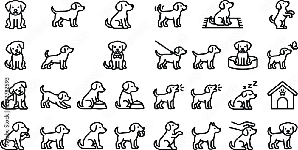 Obraz premium Cute Puppy Dog and Domestic Pet Behavior Line Icon Set Featuring Obedience Training Actions, Veterinary Care Symbols, Animal Kennels, and Friendly Canine Companion Vector Graphics