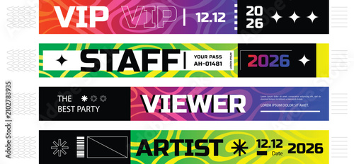 Photos Set of colorful event wristbands template for VIP staff viewer and artist access