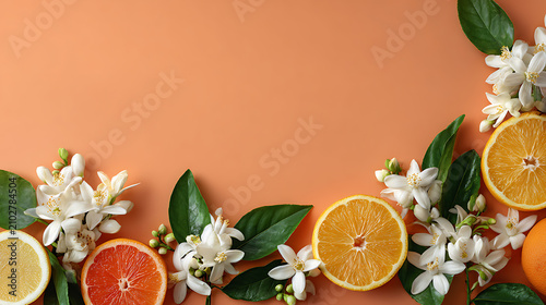 fresh citrus fruits with white blossoms arranged on a yellow background representing healthy food and natural fruit concept