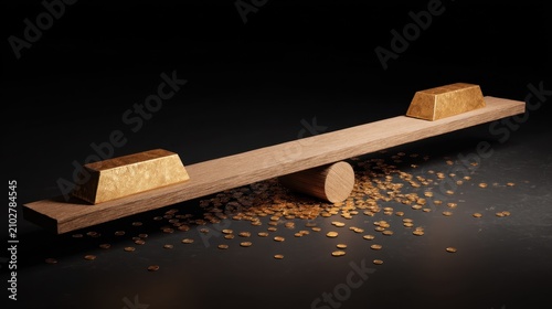 Gold Bars on Wooden Balance with Coins Representing Wealth, Value, and Financial Concepts in Dark Background